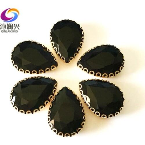 Black color Drop shape top glass crystal lace claw rhinestones,golden base sew on stone for Diy/Clothing accessories HGS02