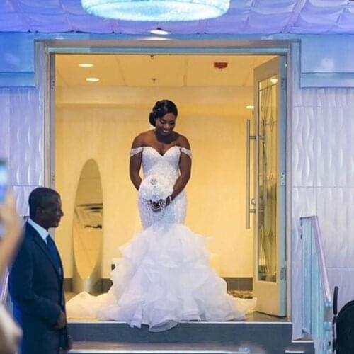 Wedding Dresses Saudi African Off The Shoulder Ruffles Beads Sequins Mermaid Wedding Dress Sweep Train Covered Button Bridal