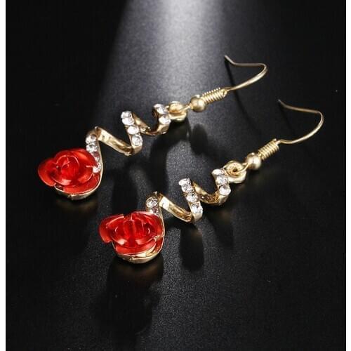 Vintage Red Rose Drop Earrings For Women Rose Gold Color Statement Dangle Earrings With Crystal Rhinestone Wedding Jewelry