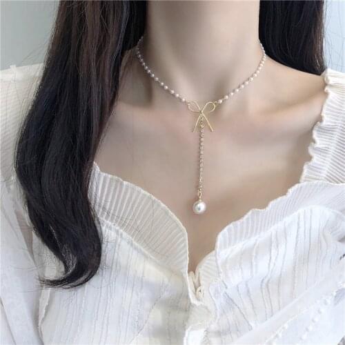 Vintage Beaded Choker Romantic Bow Imitation Pearl Pendant Collar Chain Necklace For Women Crystal Butterfly Choker Girl Jewelry