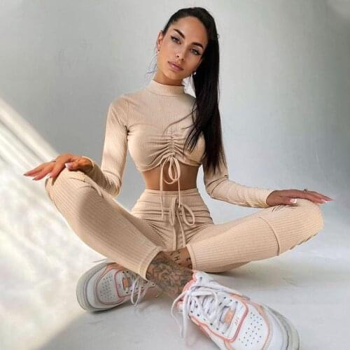 Woman Outfits Stretchy Slim Fit Two Pieces Sets Long Sleeve Suits for Women Drawstring Shirring Crop Top Female Sports Overalls