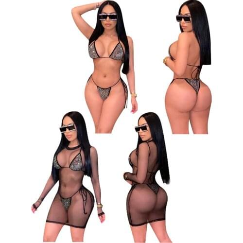 Womens hot diamond bikini mesh cover three-piece swimsuit set