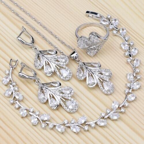 Silver 925 Bridal Jewelry Sets For Women Wedding Accessories Cubic Zirconia Ring Bracelet Necklace Pendant Earrings Set