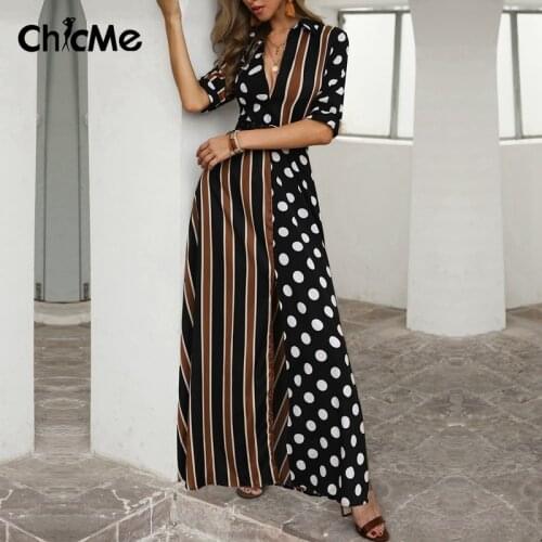 Chicme Summmer Elegant Women Maxi Dots & Stripes Plunge High Slit Shirt Dress Short Sleeve Deep V Neck Sexy Party Vestidos Casua