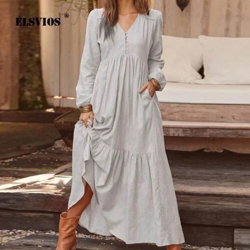 ELSVIOS Women Casual Long Sleeve Pleated Autumn Dress Lady sexy V-neck Pocket Loose Maxi Dresses Elegant winter dresses Vestidos