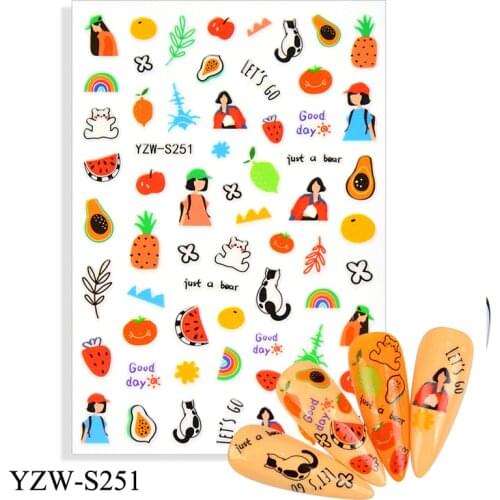 3D Stickers for Nails Self-Adhesive Sticker Slider Cartoon Fruit Cat Grass Design Nail Art Decorations Nail Foil Accessories