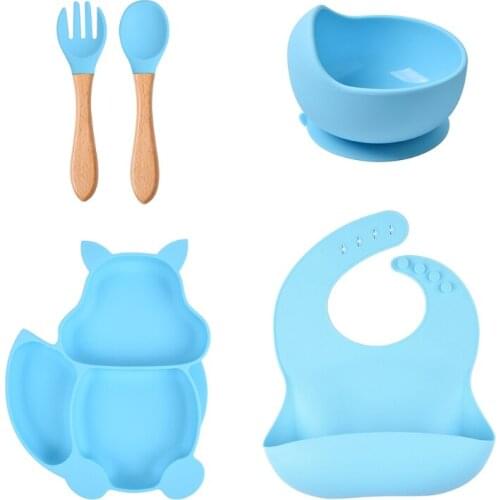 5 Pcs Baby Silicone Bibs Squirrel Divided Dinner Plate Sucker Bowl Spoon Fork Set Training Feeding Food Utensil Dishes Tableware