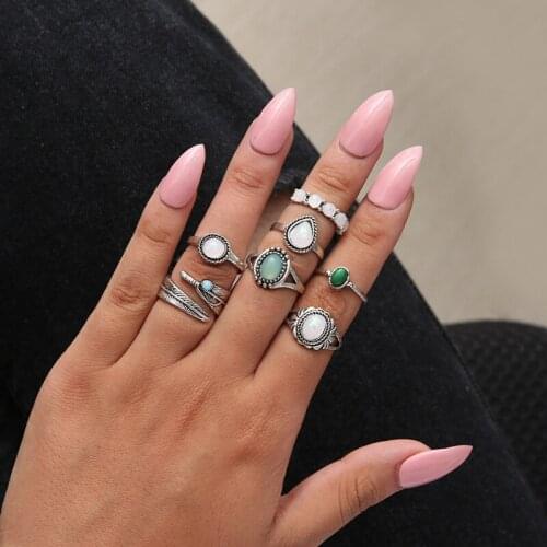 7 Pcs Fashion Retro Natural Stone Beads Leaf Rings for Women Knuckle Ring