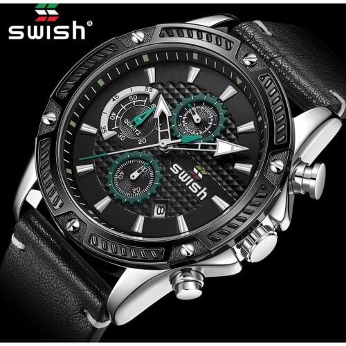 SWISH Sport Watches for Men Top Brand Luxury Leather Strap Military Wrist Watch Fashion Chronograph Wristwatch Relogio Masculino