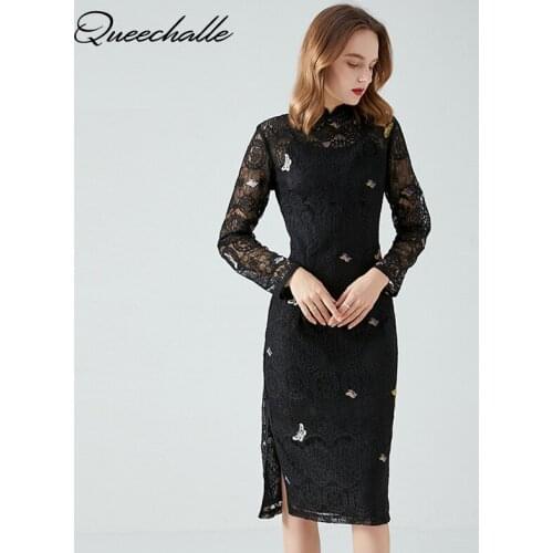 Black Cheongsam Chinease Style Elegant Dresses for Woman 2021 Autumn Dress Womens Stand Collar Empire Slim Midi Dress Party
