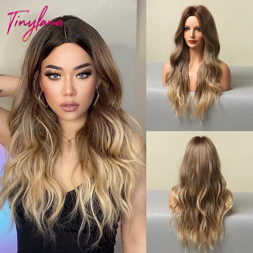 TINY LANA Long Synthetic Dark Brown Water Wave Gloden Highlight Wigs Middle Part Heat Resistant Cosplay Wigs for Black Women