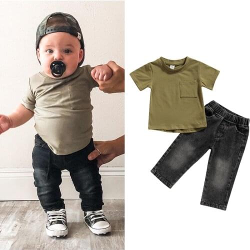 FOCUSNORM Summer Causal Baby Boys Clothes Sets 0-4Y 2pcs Solid Short Sleeve Pocket T Shirts Denim Pants