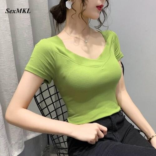 Women White Cotton T Shirts 2020 Summer V Neck Sexy Black Green Tshirt Korean Clothes Short Sleeve Slim Casual Ladies Tops XXL