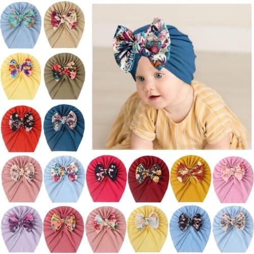 Summer Autumn Baby Flower Big Bowknot Hat Soft Breathable Baby Girls Beanie Hat Kids Bonnet Infant Toddler Turban Cap 18 Colors