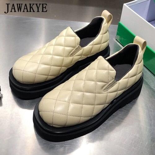 Bread Padded Leather Loafers Women Platform Shoes High Quality Thick Sole One-pedal Mules Round Toe Beige Plaid Designer Flats