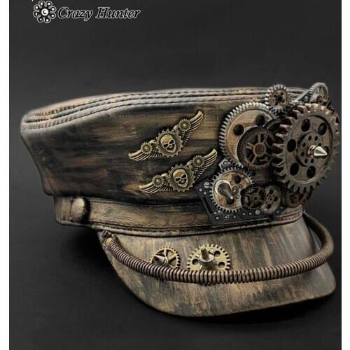 Steampunk Hat Vinatage Gold Black Gears Cospaly Mens Leather Hat Cap