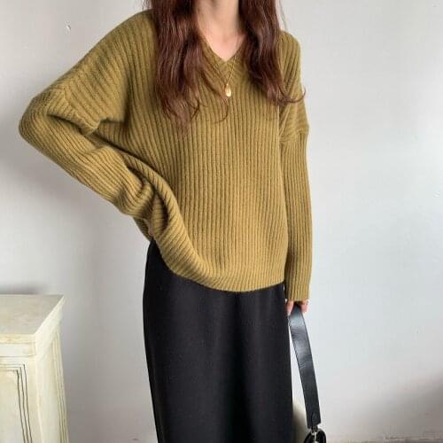 2021 New Autumn Winter Womens Sweaters V-Neck Long Sleeve Tops Minimalist Korean Style Knitting Casual Blue Tops