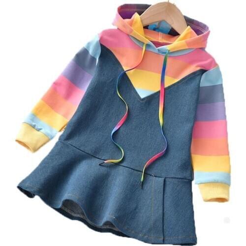 Long Sleeve Dress For Girls Autumn And Winter Cotton Warm Hoodies Children Clothes Casual Rainbow Patern Wear For 2 3 4 5 6 Year