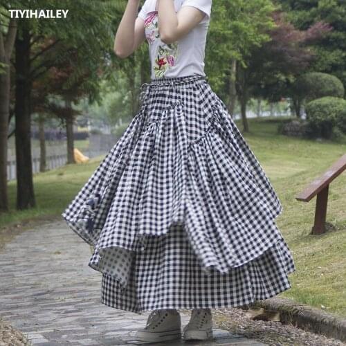 TIYIHAILEY Free Shipping New Long Maxi A-line Elastic Waist Women Cotton Linen Print S-2XL Irregular White And Black Plaid Skirt