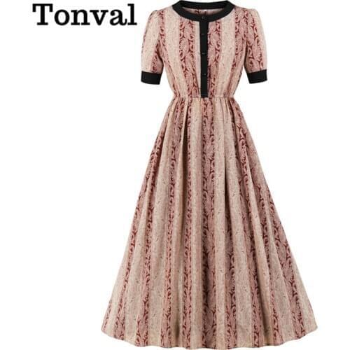 Tonval Color Block Vintage Floral Print Elegant Party Midi Dresses for Women O-Neck Button Up Elastic Waist Robe Clothing
