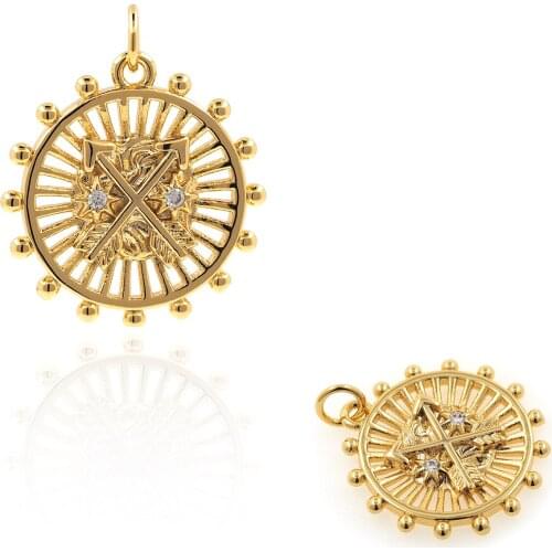 Diy Jewelry Accessories Pure Copper Plated 14K Gold Inlaid Zircon Round Commemorative Coin Pendant 2021