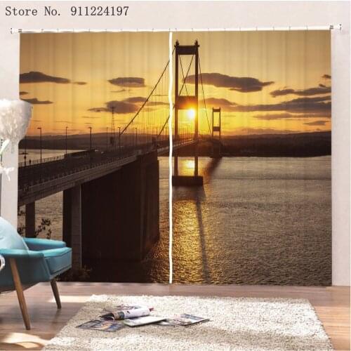 Landscape Sunset Bridge Window Curtains Home Decor Living Room Curtain Night View Kitchen Draperies Curtains For Bedroom