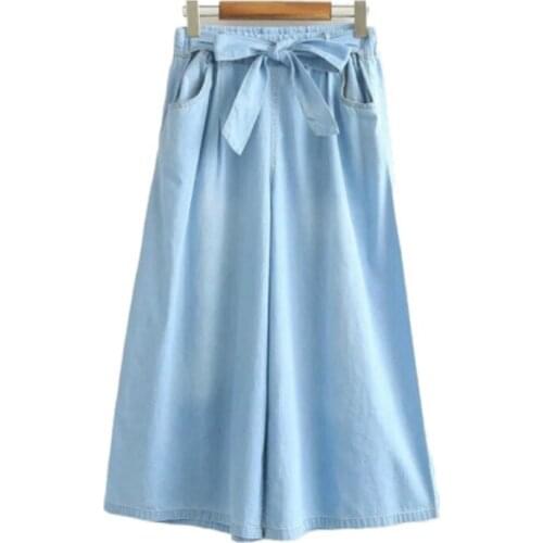 Merry Pretty Women Cowboy Wide Leg Pants Korean jean Fashion Loose Big Legs Elastic Waist Back Pocket Bow Solid Denim Lady Pants