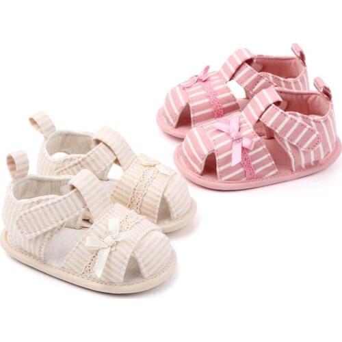 1 Pair Summer Newbron Stripe Bowknot Soft Sole Sandals Baby Girls Toddler Breathable Comfortable Pasted Prewalker Flat Shoes