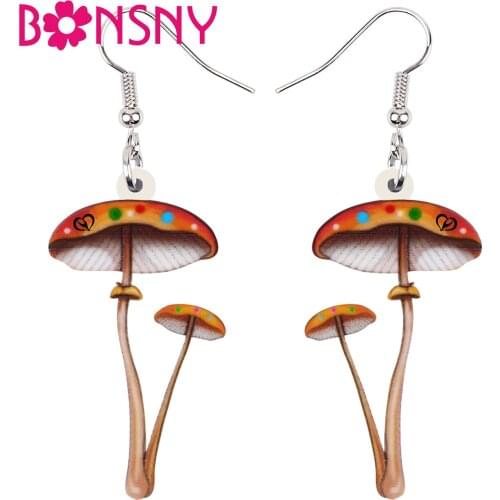 BONSNY Acrylic Cute Colorful Spots Mushroom Earrings Fashion Long Drop Dangle Novelty Jewelry For Women Girls Teens Party Gifts