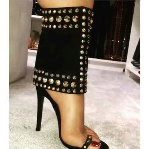 Roman Style Metal Rivets Studded Sandals Boots Clip Toe Summer Ankle Boots Female Thin High Heel Front Cut Out Short Botas