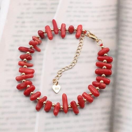 Red Natural Coral Stone Charms Bracelet Unique Spacers Copper Beads Strand Bracelets for Women High Grade Gift Jewelry 7.5" B139