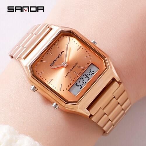 Fashion Sanda Brand Men Watches Retro Stainless Steel Band Digital Display Erkek Kol Saati Zegarek Damski Relogios Wristwatches