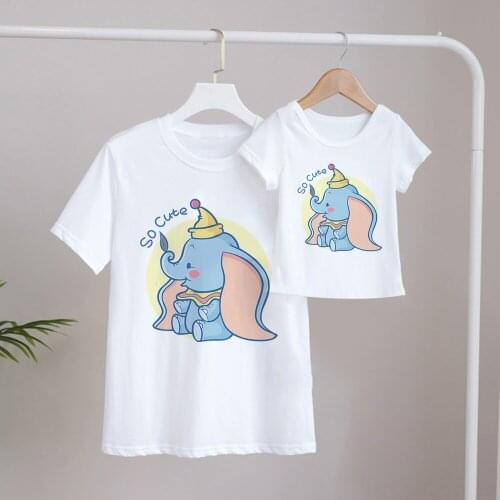 Dumbo Printed Disney Cartoon T Shirts Lovely Baby Elephant Graphic Tees Children Summer White T-shirts Mother Father Family Look