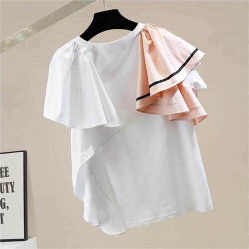 Sweet Tridimensional Irregular Multi-Layer Ruffled Color Contrast Round Neck T-shirt Womens Fashion Summer Top White Black