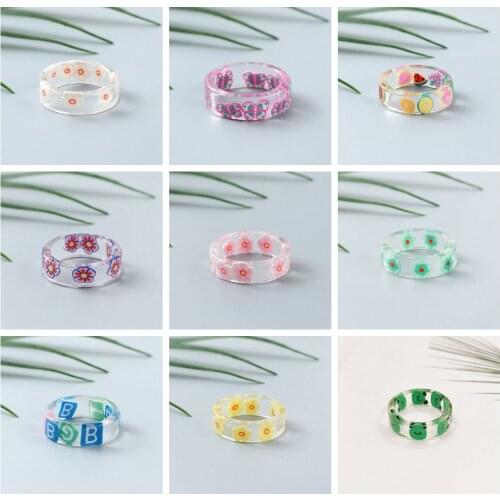 New Colorful Transparent Fruits Flower Frog Butterfly Bowknot Letters Acrylic Resin Resin Ring For Women Girls Summer jewelry