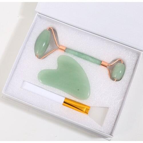 Slimming Massager Rose Quartz Roller Pure Natural Aventurine Jade Roller Scraper Mask Brush Three-piece Beauty Face-lift Tool