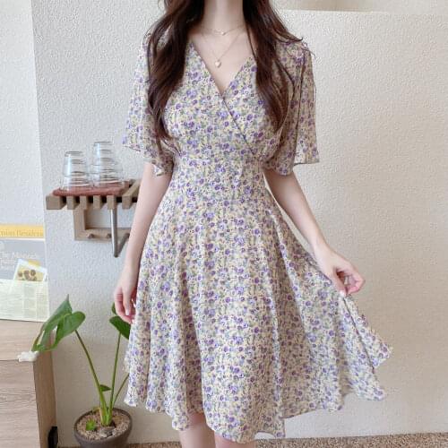 Muyoms Summer Women Chiffon Elegant Printed Folds V-neck Short Sleeve With Belt Floral Plus Size Party Cocktail Dresses 4038