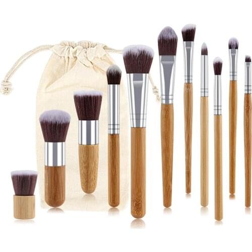 11pcs/lot Bamboo handle Makeup brush Bamboo pole Makeup Brushes Suit Bamboo pole With sack top quality B11001