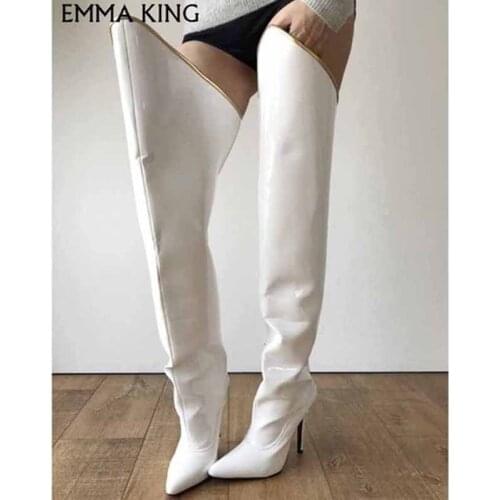 New Fashion Women Winter Over The Knee Boots Pointed Toe Sexy Stiletto High Heel White Leather Party Shoes Woman Thigh High Boot