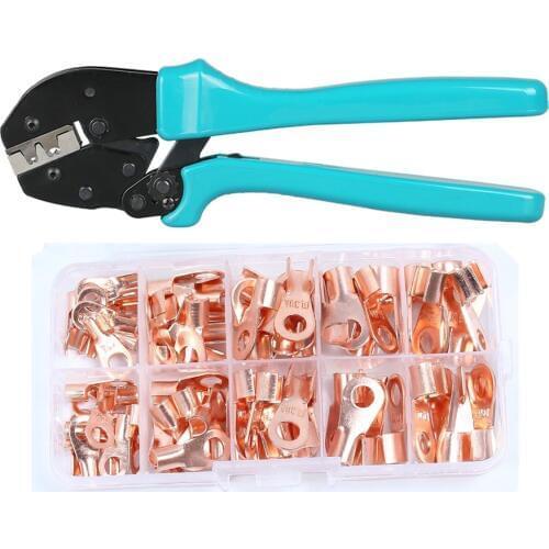 Crimping Tool Crimper Plier with 70pcs Open Barrel Copper Ring Lug Terminals Assortment Set Kit OT 10A to 50A