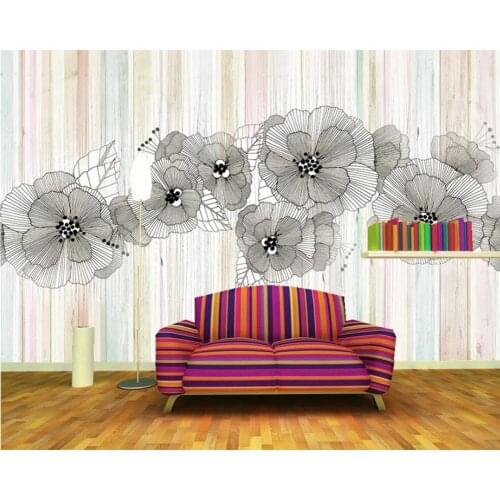 Papel de parede Colorful wood grain sketch line flowers 3d wallpapaer,living room TV wall bedroom wall papers home decor mural