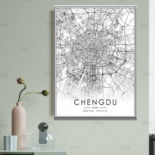 Map print poster canvas poster canvasWorld City CHENGDUMap Black White MapPoster Picture Art