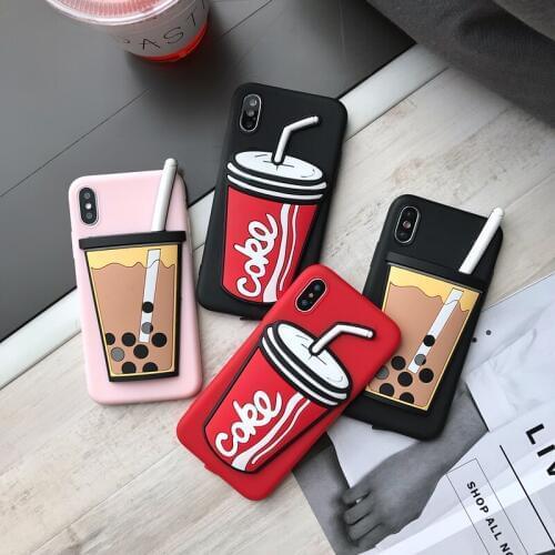 3D Cute cartoon coffee milk tea pink silicone phone case for iphone X XR XS MAX 6S 7 8 plus for samsung S8 S9 S10 Note8 9