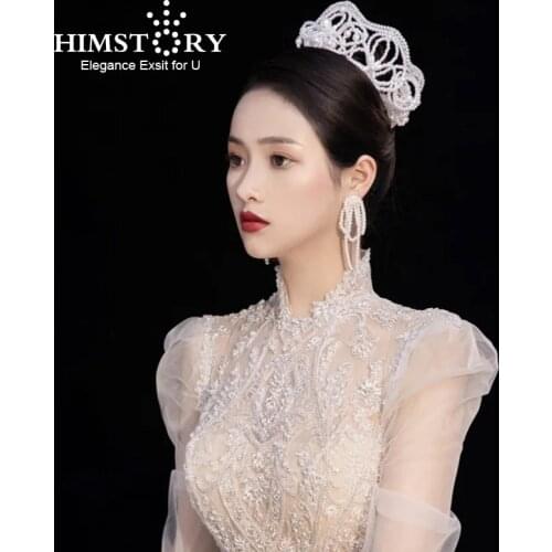 Himstory Handmade Pearl Wedding Bridal Hair Accessories Hair Jewelry Bowknot Round Princess Crown Tiaras Headpiece