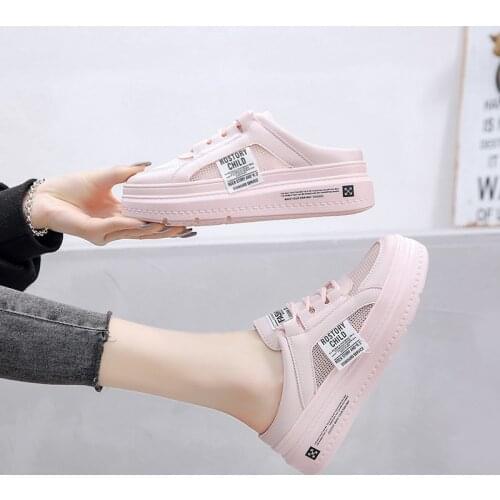 Spring and Summer New Womens Slippers 2021 Half Slippers Lazy Man Net Cloth Baotou Small White Shoes Thick Bottom