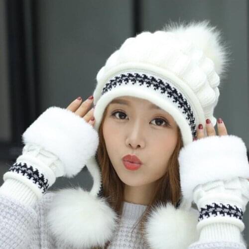 Girls Thicken Ski Snow Cap New Fashion Fur PomPoms Winter Women Beanie Hats Female Skullies Warm Gloves + Knit Hat Set