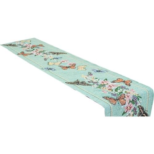 Vintage Butterfly Flower Rustic Table Runner 33X180cm Jacquard Dining Green Table Flag Home Wedding Decoration