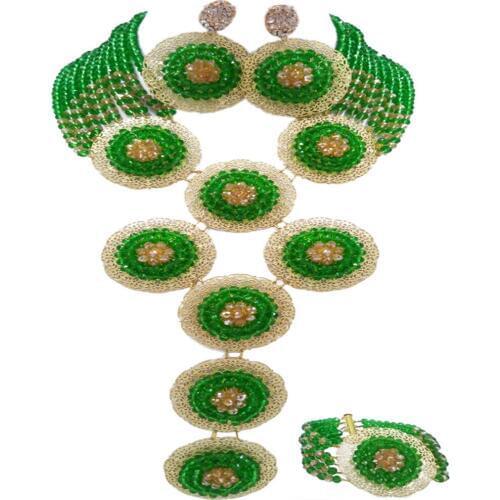 Green and Champagne Gold AB African Beads Jewelry Set Nigerian Necklace Wedding Jewelry Sets 9PHK03