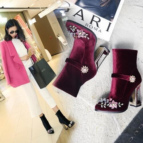 Rhinestone flowers ladies boots wedding retro ladies and ankle boots bird cage high heels zipper velvet boots pointed female boo