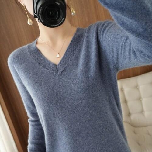 2021 Autumn Cashmere Jumper Fashion Women Spring New V-neck 100% Wool Sweater Short Paragraph Basic Knit Cultivate Wild Pullover
